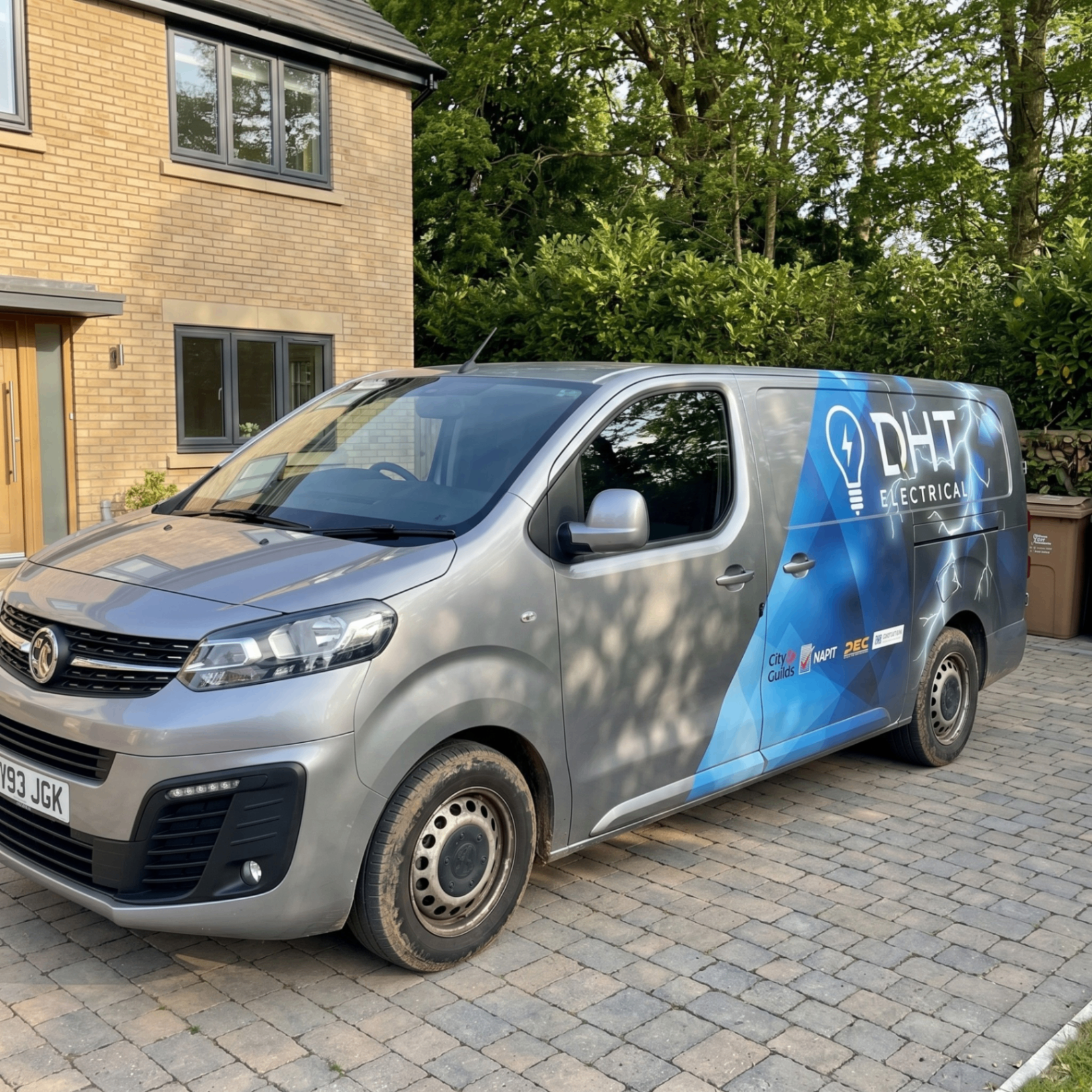 DHT Electrical branded van parked on a Manchester driveway