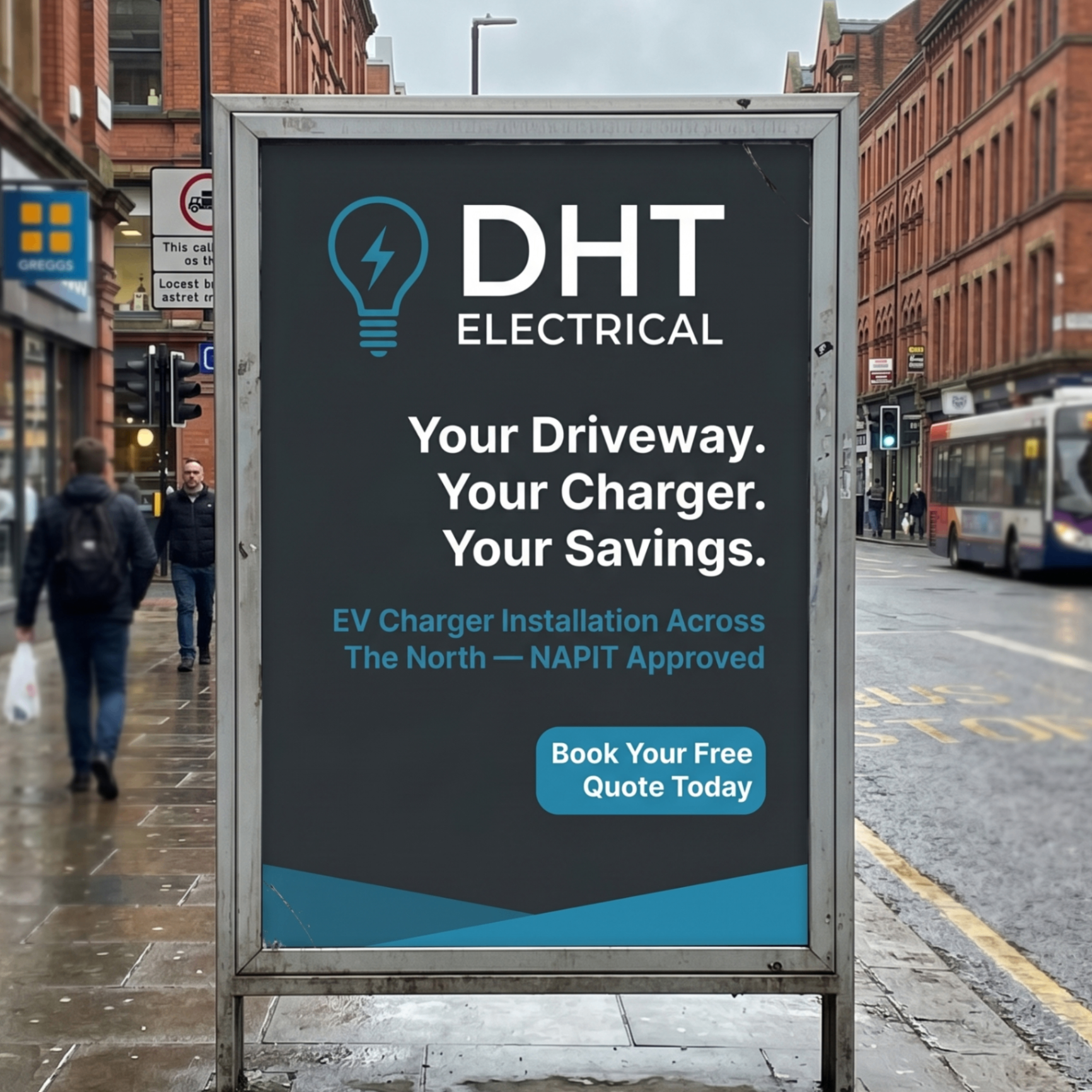 DHT Electrical street poster — Your Driveway. Your Charger. Your Savings.